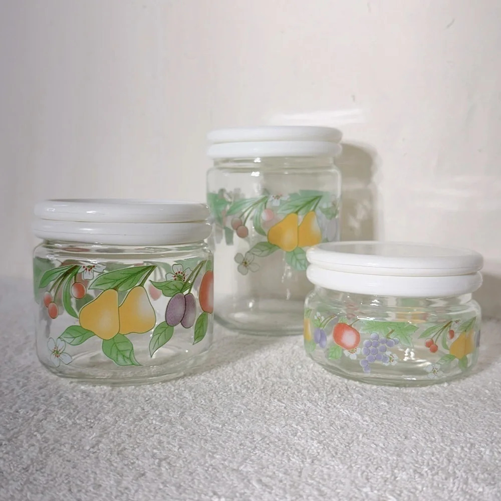 Vintage 80s KIG Indonesia Glass Fruit Flower Canister Set  (3)